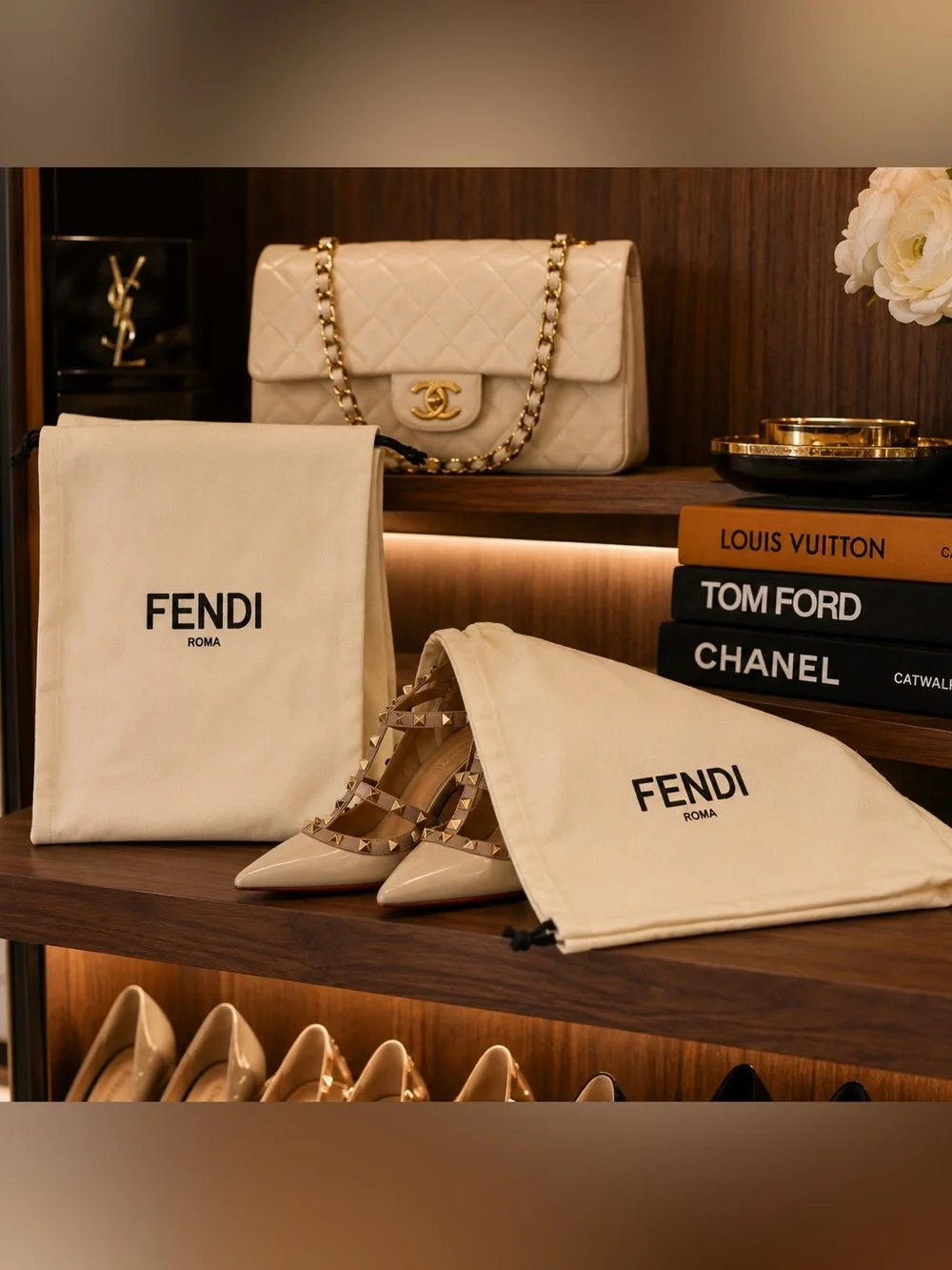 Fendi Roma Authentic Shoe Dust Bags (Set of 2) Large Ivory Cotton Drawstring Sto
